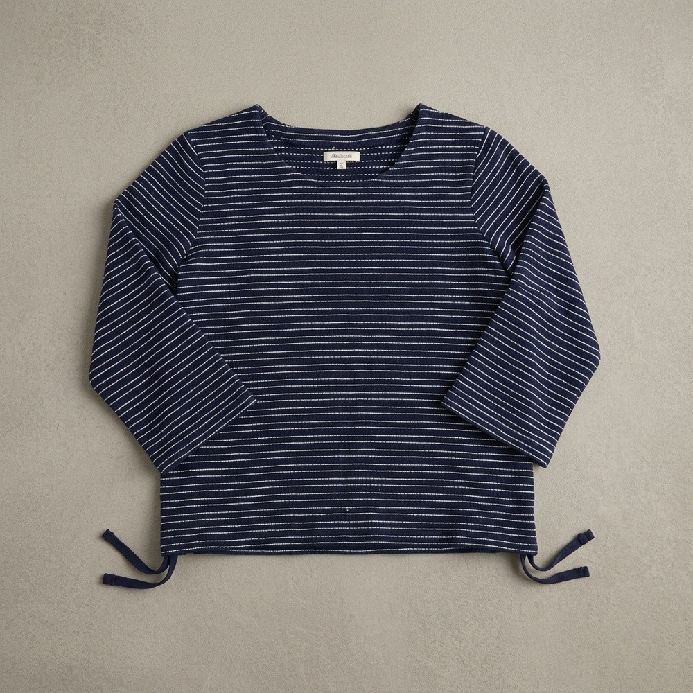 Madewell Striped Side Lace-Up Top Womens L Navy Cream Cotton 3/4 Sleeve